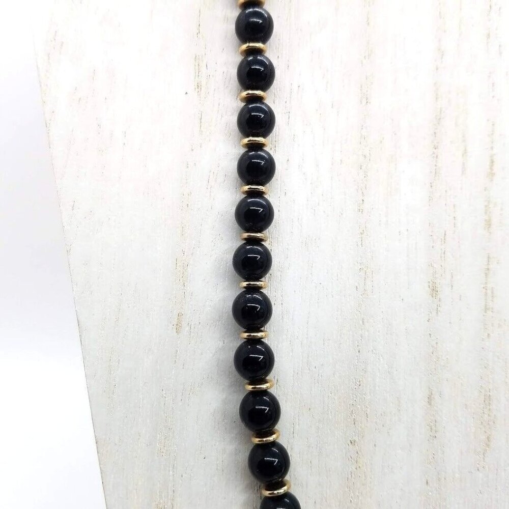 Vintage Black Ball Beaded 30" Necklace Gold Tone Spacer Beads‎ Barrel Clasp